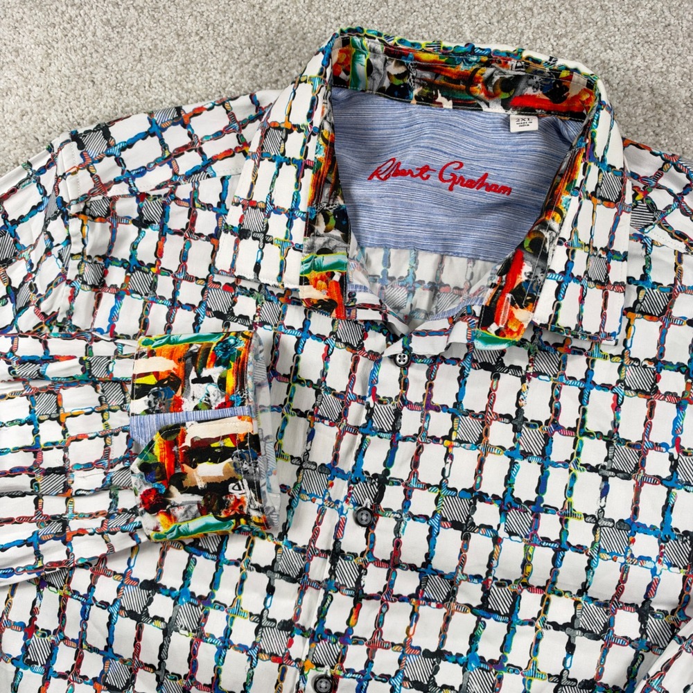 Robert Graham Button Down Shirt Mens 2XL White Multi Grid Classic Fit LS